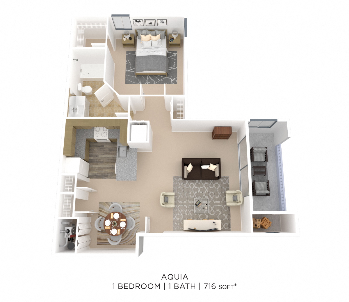 Floor plan for 1 bed, 1 bath, 716 sqft