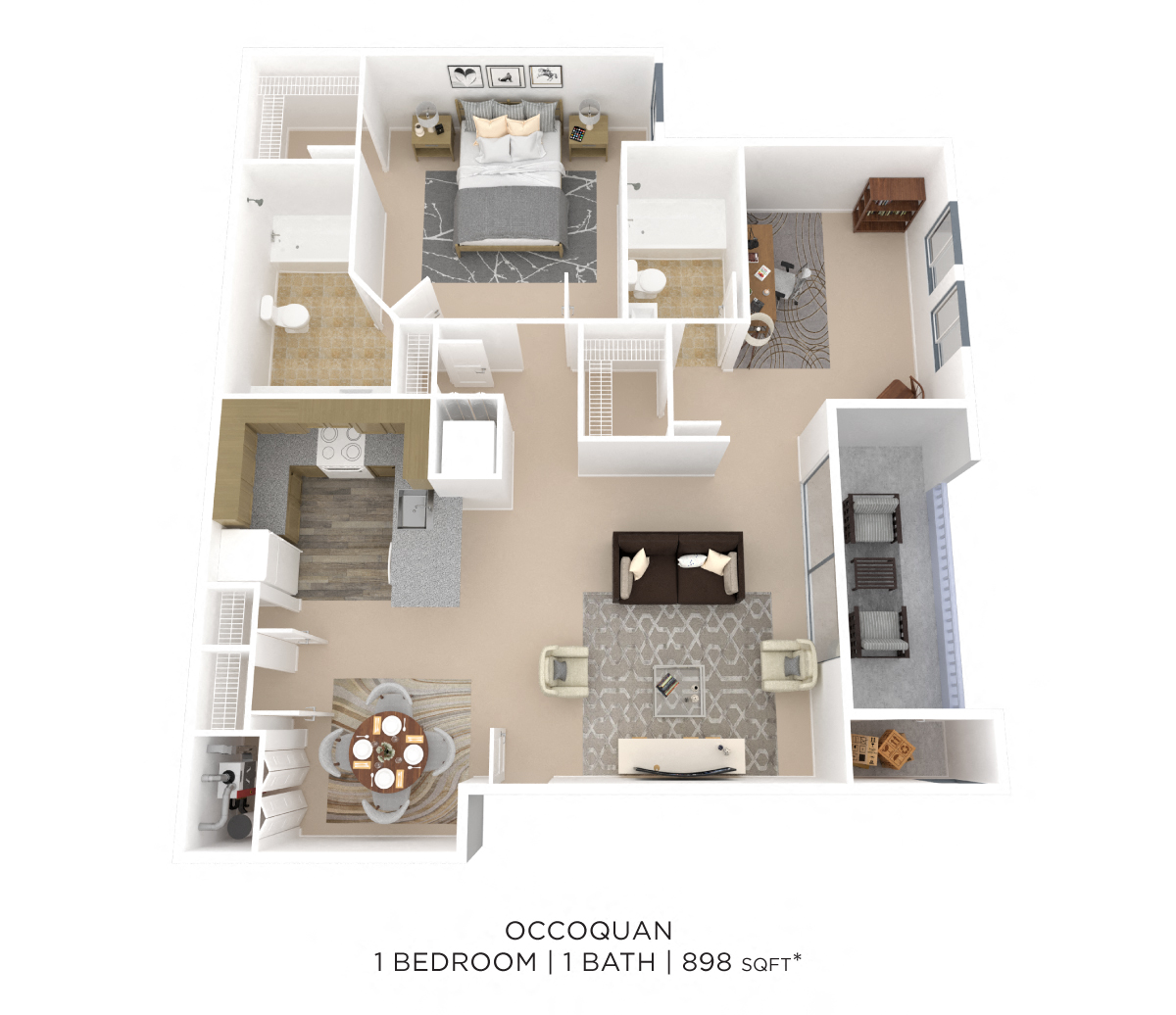 Floor plan for 1 bed, 2 baths, 898 sqft