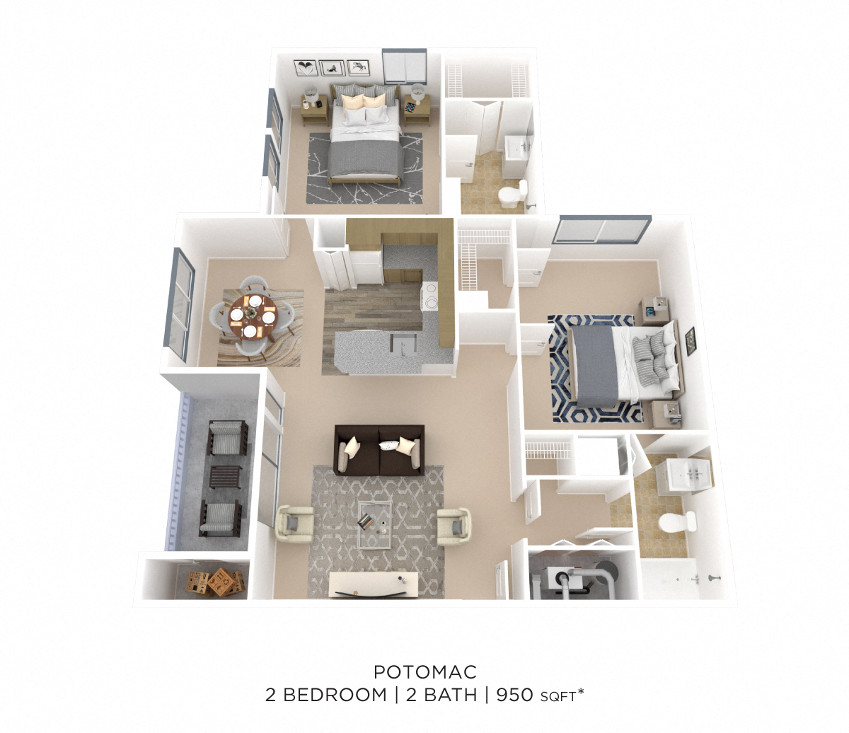 Floor plan for 2 beds, 2 baths, 950 sqft