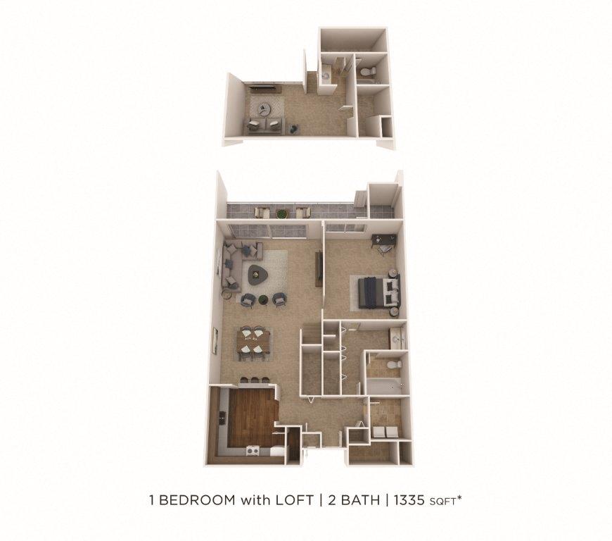 Floor plan for 1 bed, 2 baths, 1335 sqft