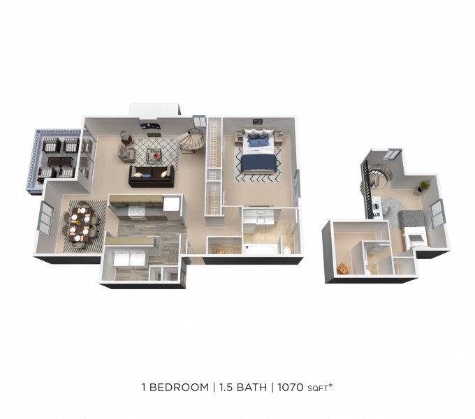 Floor plan for 1 bed, 1.5 baths, 1070 sqft