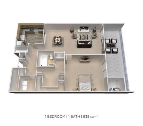 Floor plan for 1 bed, 1 bath, 935 sqft