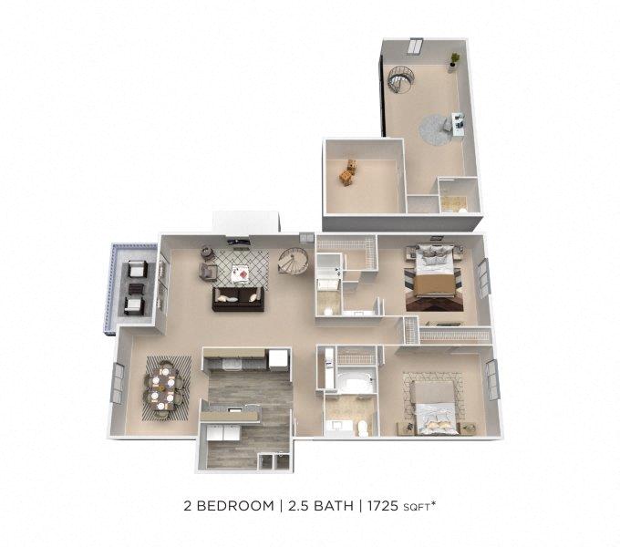 Floor plan for 2 beds, 2.5 baths, 1750 sqft