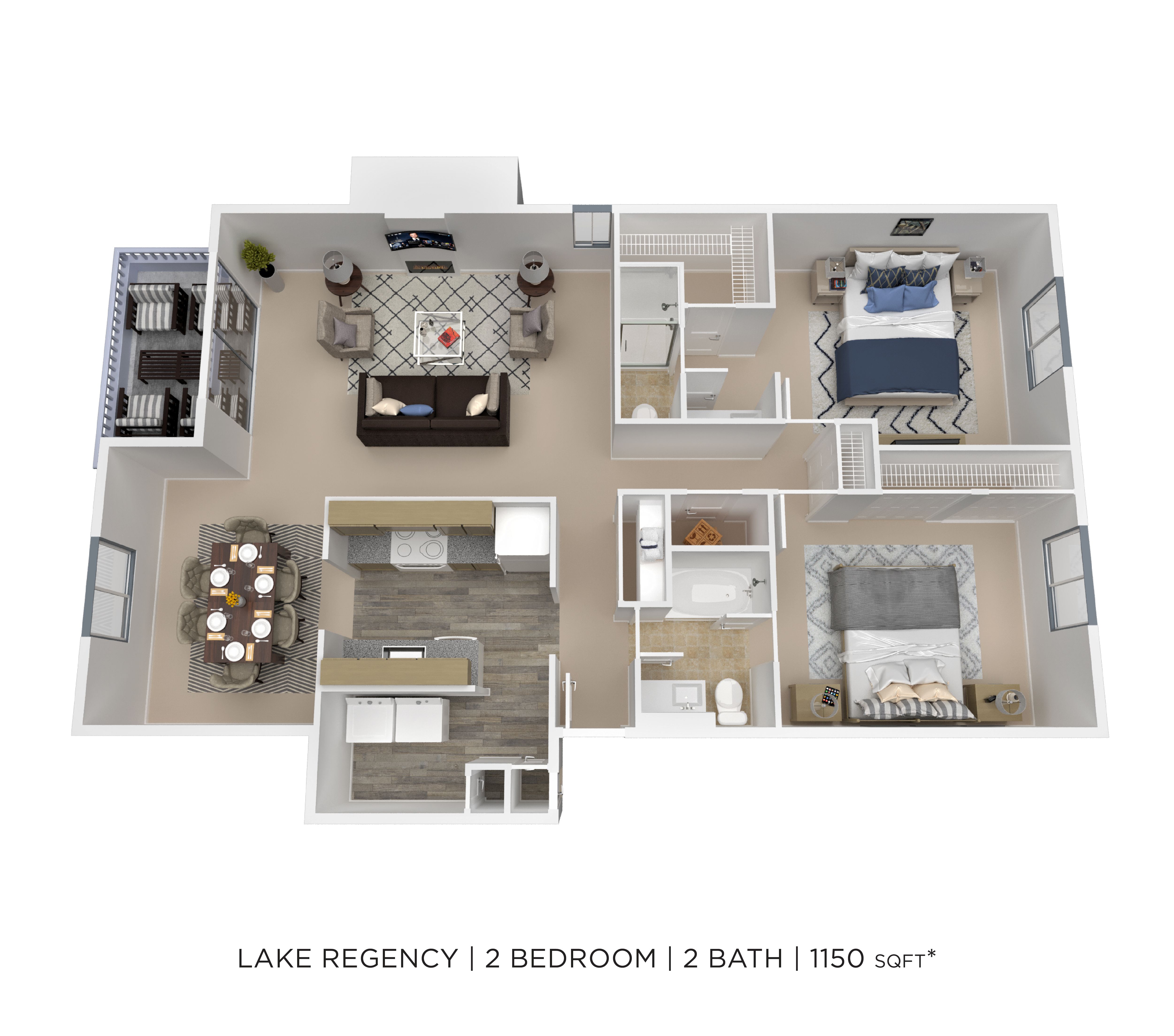 Floor plan for 2 beds, 2 baths, 1150 sqft