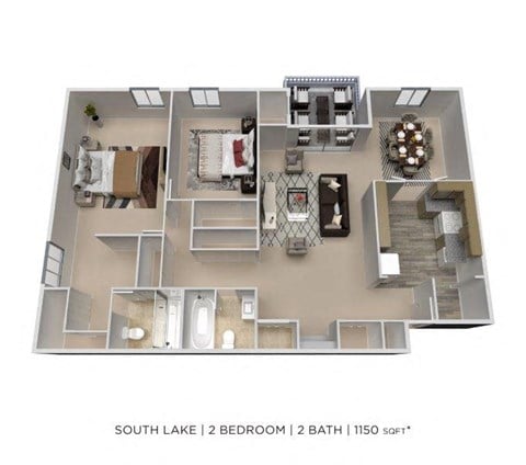 Floor plan for 2 beds, 2 baths, 1150 sqft