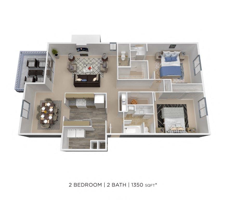 Floor plan for 2 beds, 2 baths, 1350 sqft