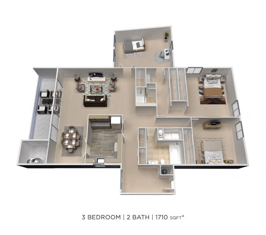 Floor plan for 3 beds, 2 baths, 1710 sqft