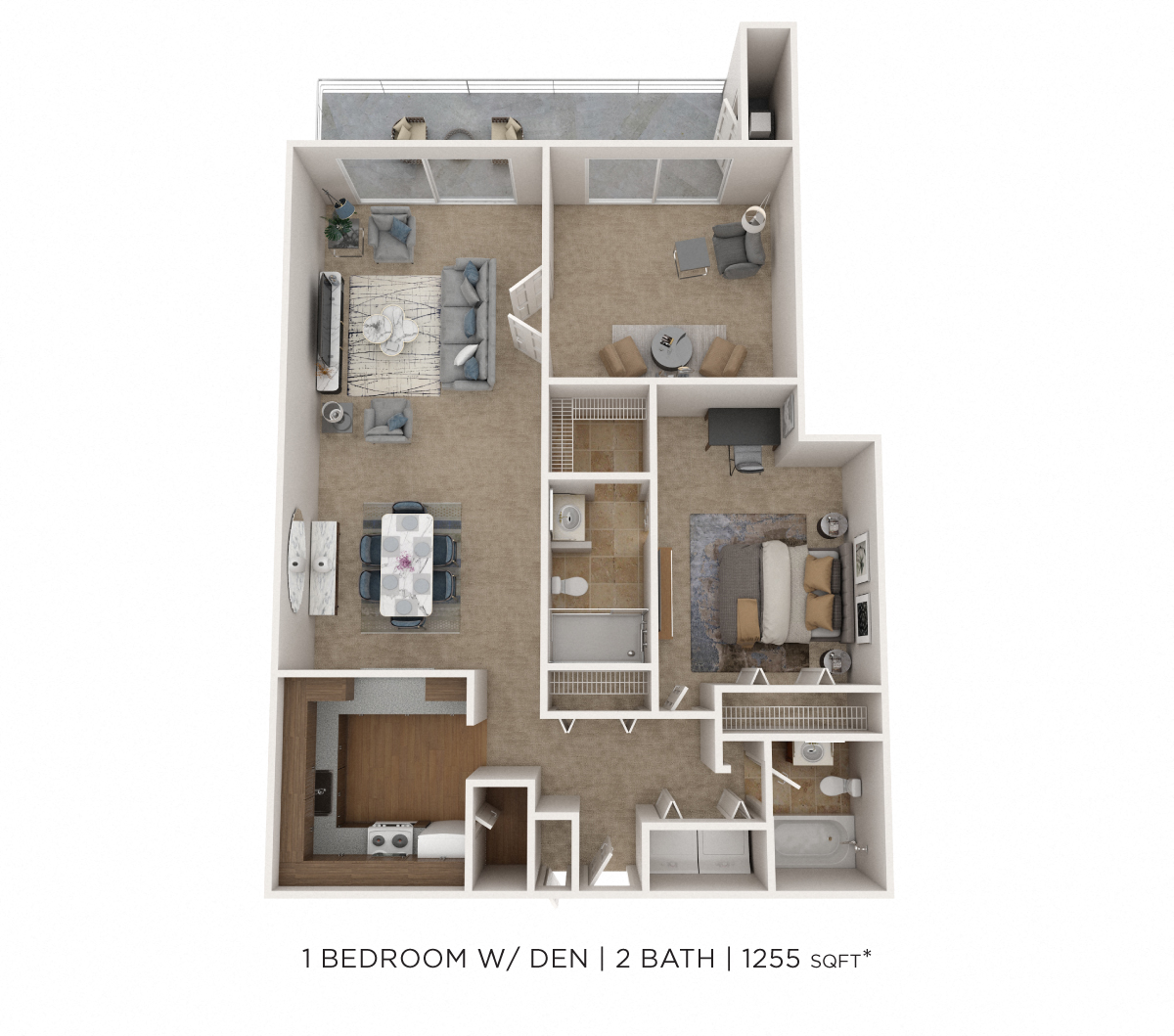 Floor plan for 1 bed, 2 baths, 1255 sqft