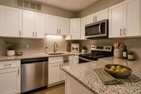 Spartanburg apartment for rent - A modern kitchen with white cabinets and a granite countertop.