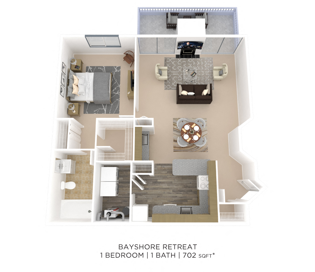 Floor plan for 1 bed, 1 bath, 702 sqft