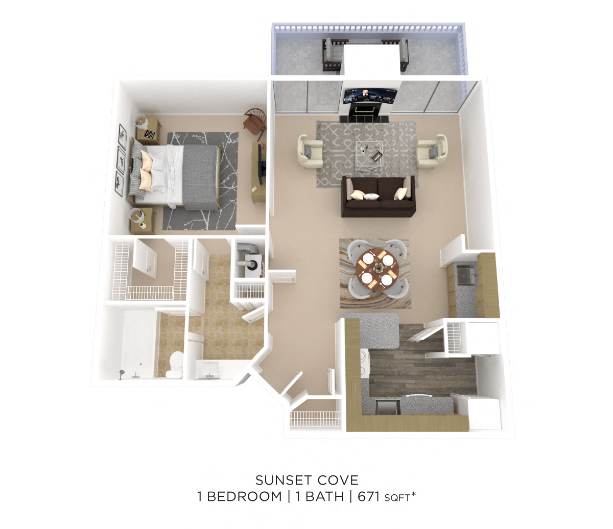 Floor plan for 1 bed, 1 bath, 671 sqft