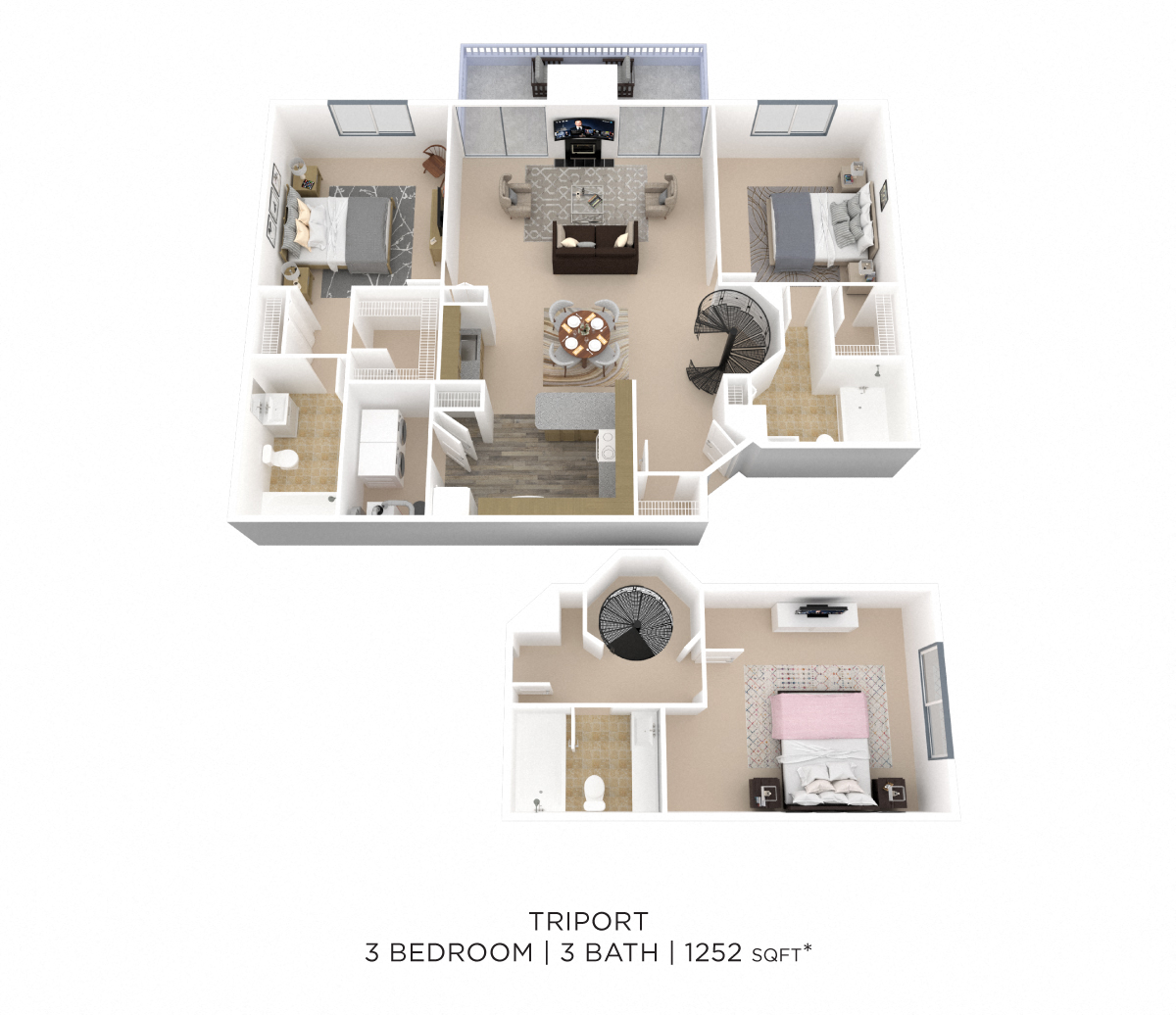 Floor plan for 3 beds, 3 baths, 1252 sqft