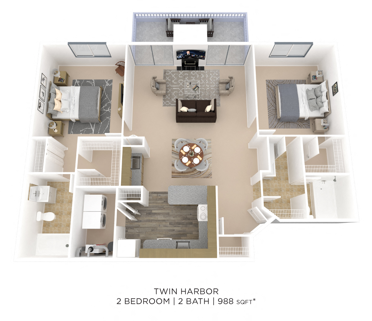 Floor plan for 2 beds, 2 baths, 988 sqft