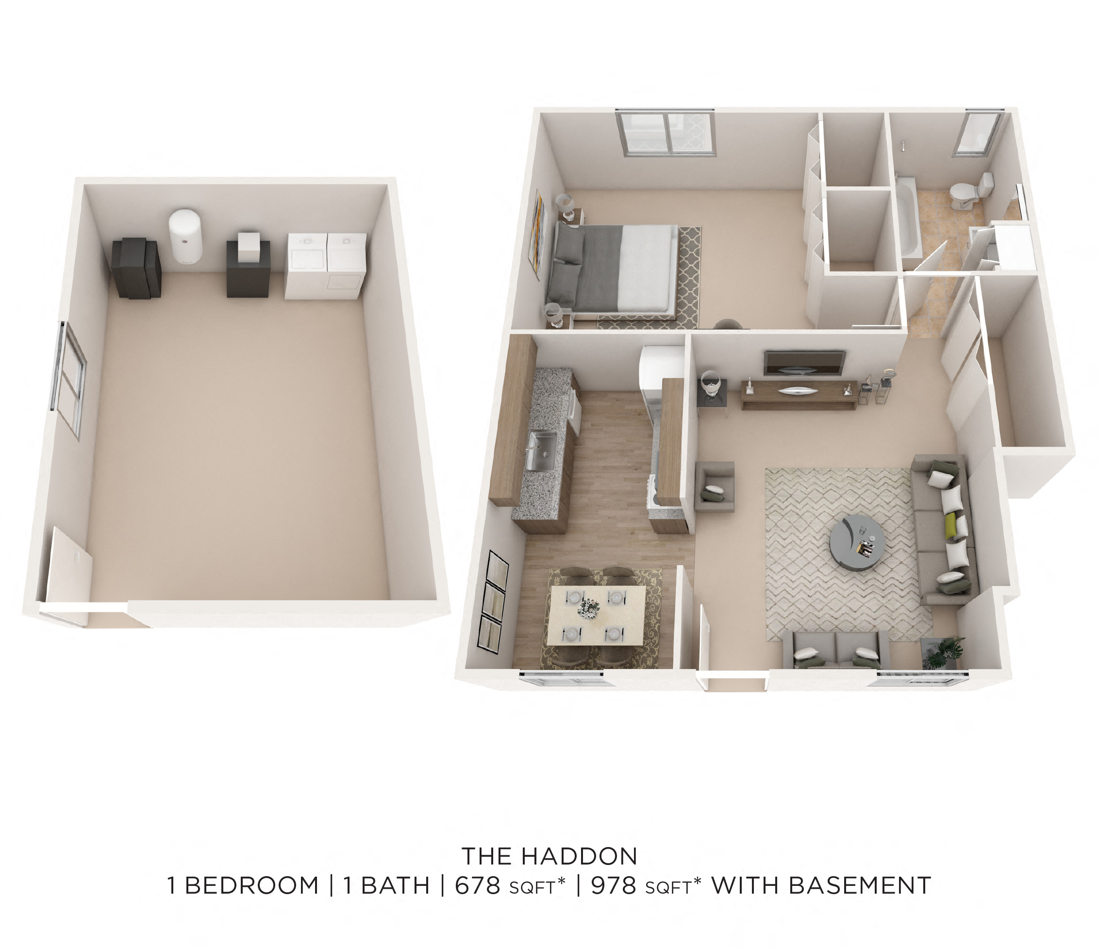 Floor plan for 1 bed, 1 bath, 678 sqft