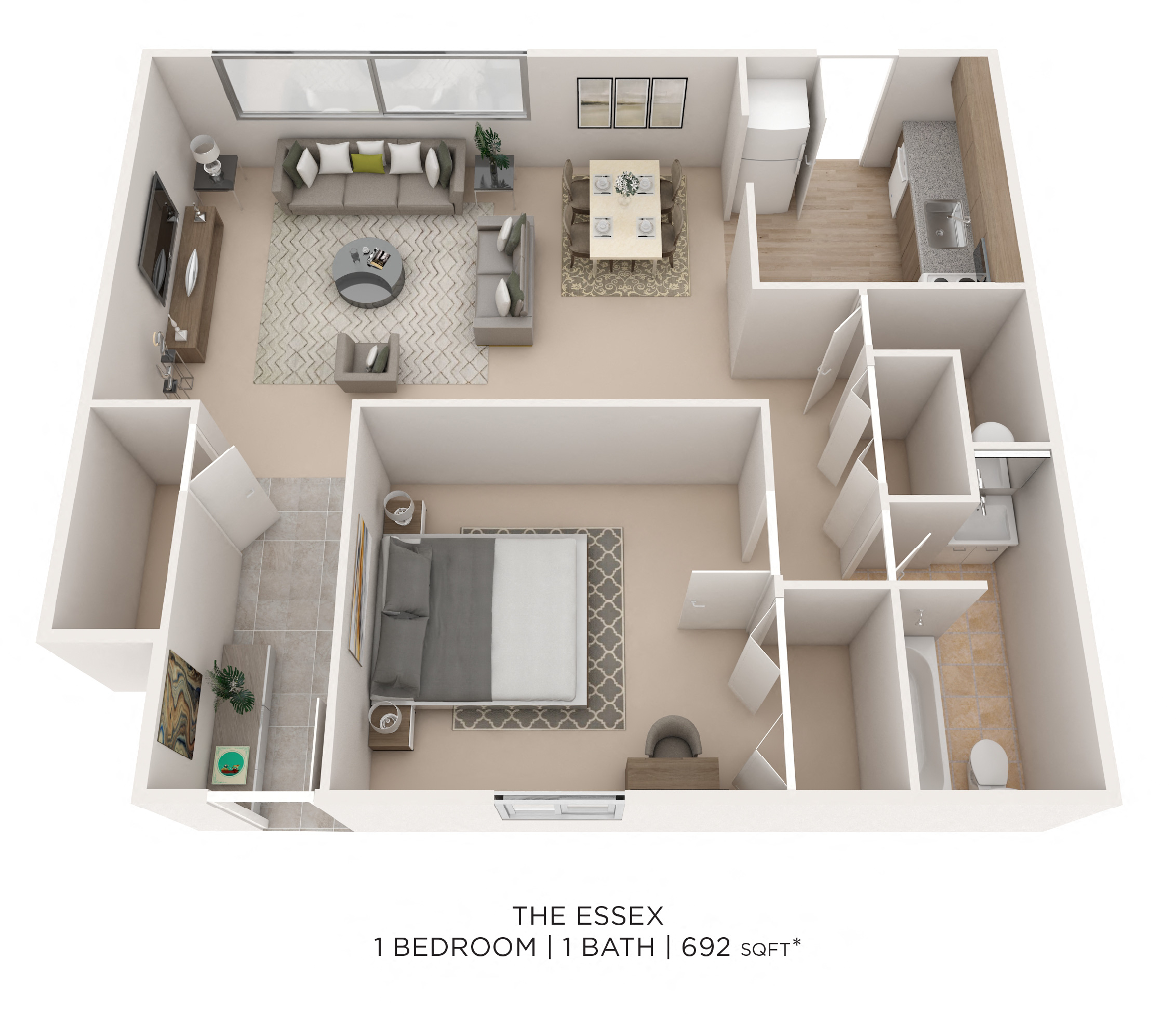 Floor plan for 1 bed, 1 bath, 692 sqft