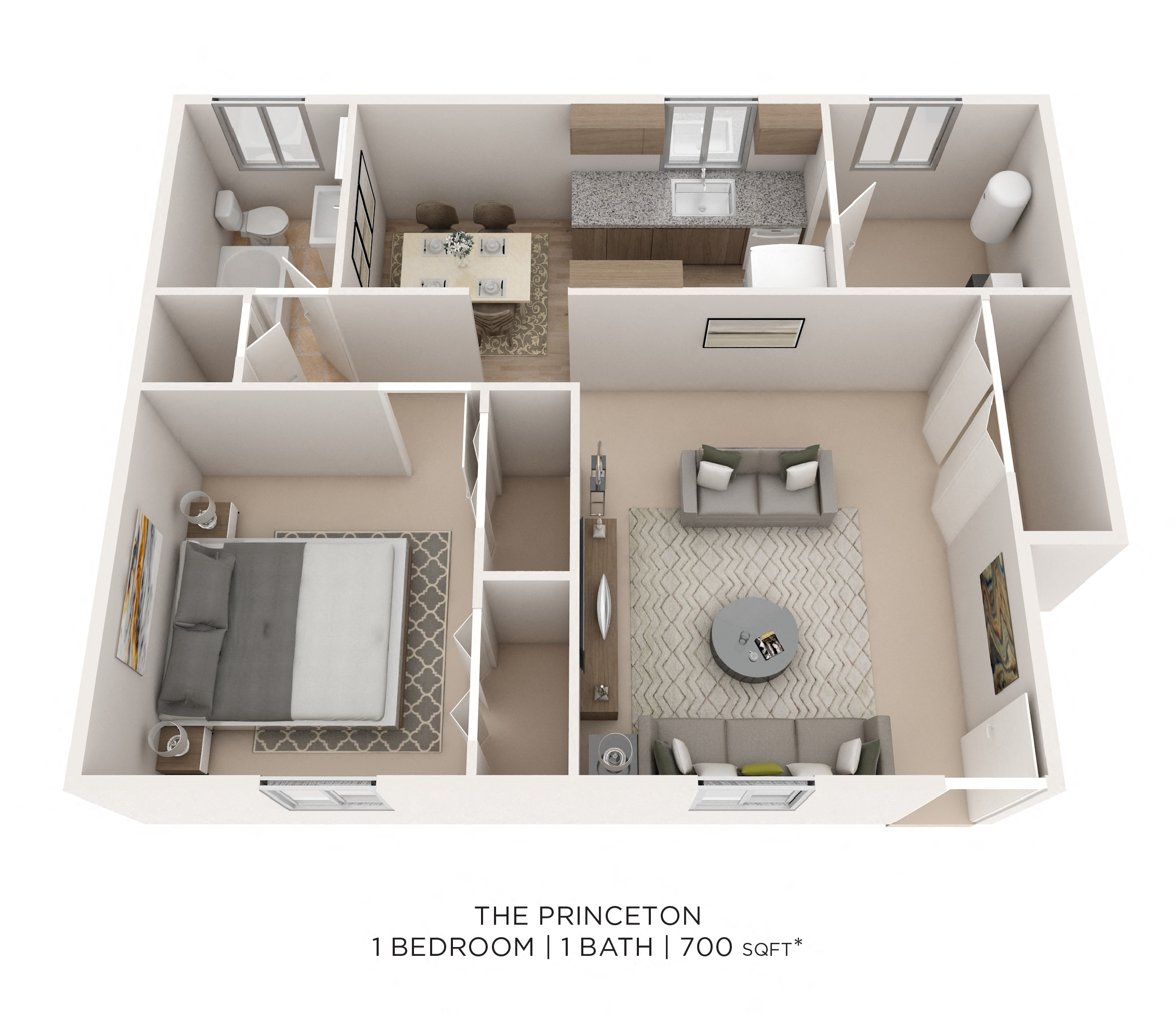 Floor plan for 1 bed, 1 bath, 700 sqft