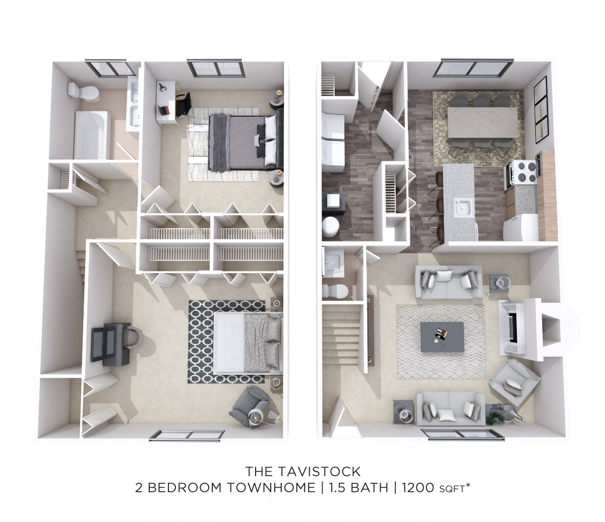 Floor plan for 2 beds, 1.5 baths, 1200 sqft