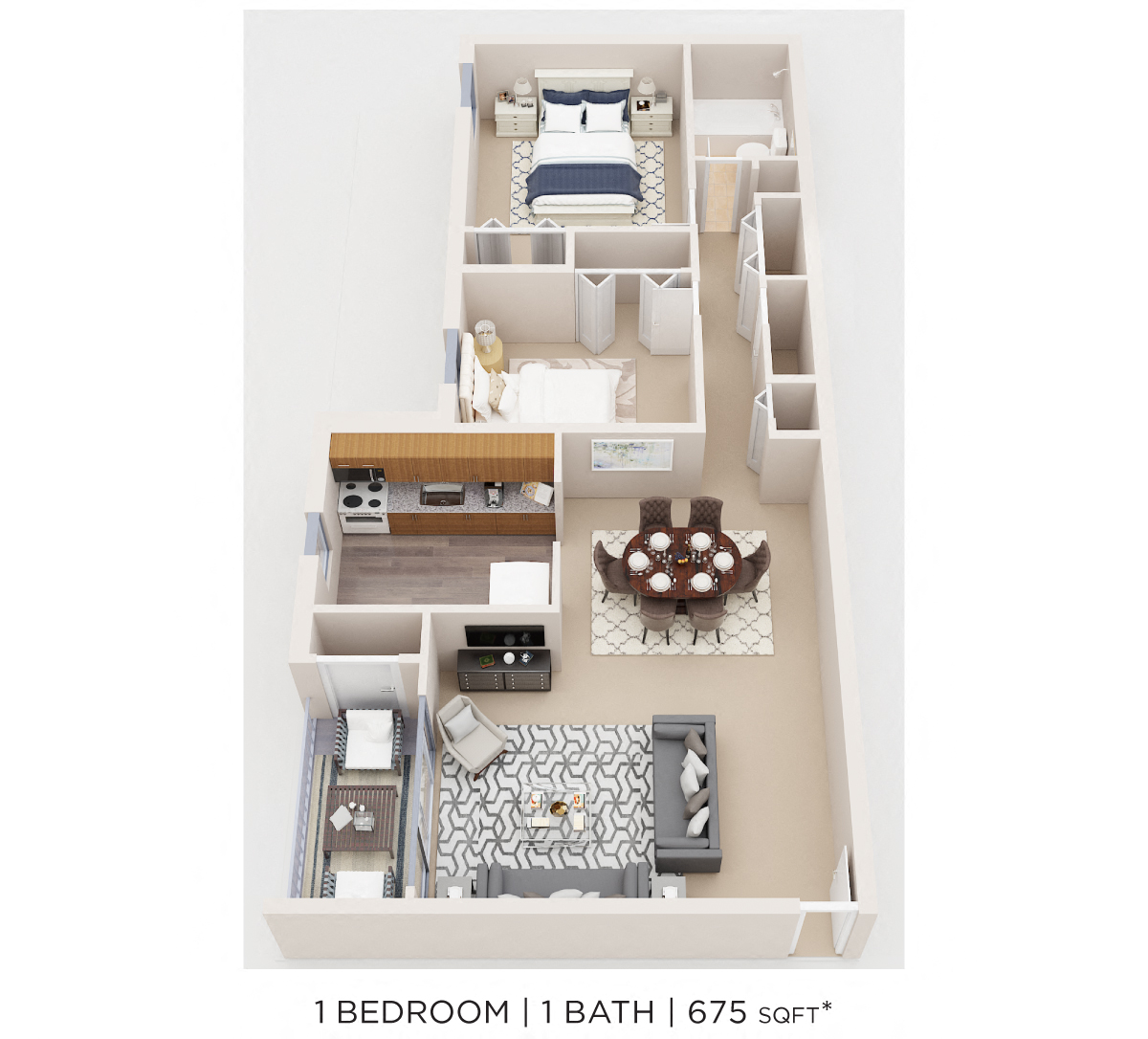 Floor plan for 1 bed, 1 bath, 675 sqft