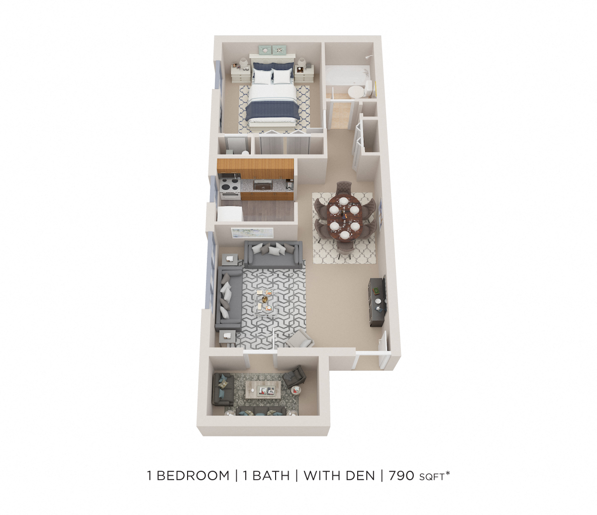 Floor plan for 1 bed, 1 bath, 790 sqft