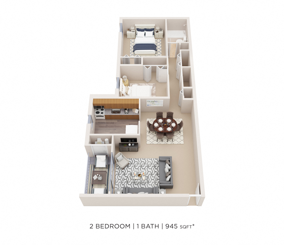 Floor plan for 2 beds, 1 bath, 945 sqft