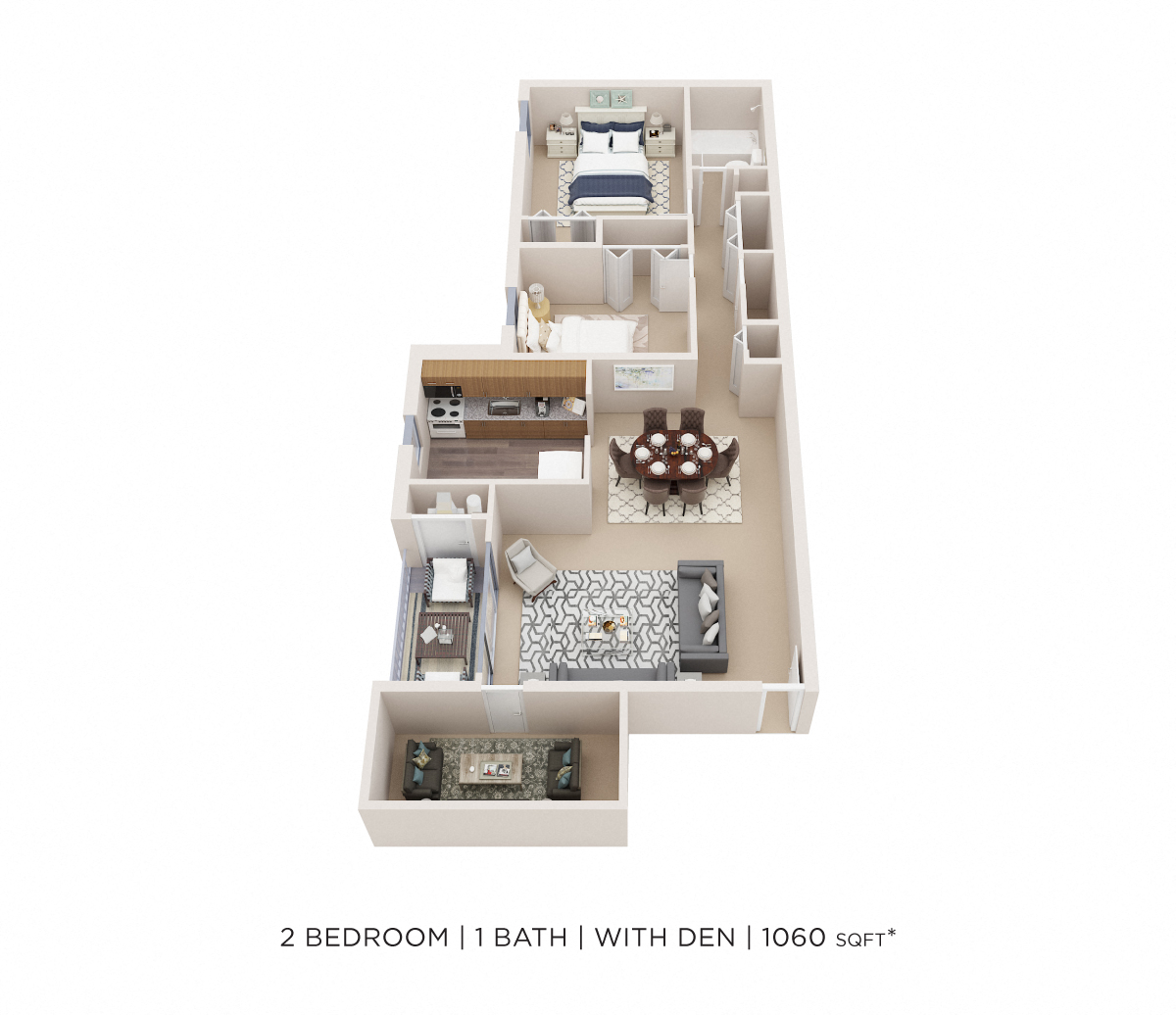Floor plan for 2 beds, 1 bath, 1060 sqft