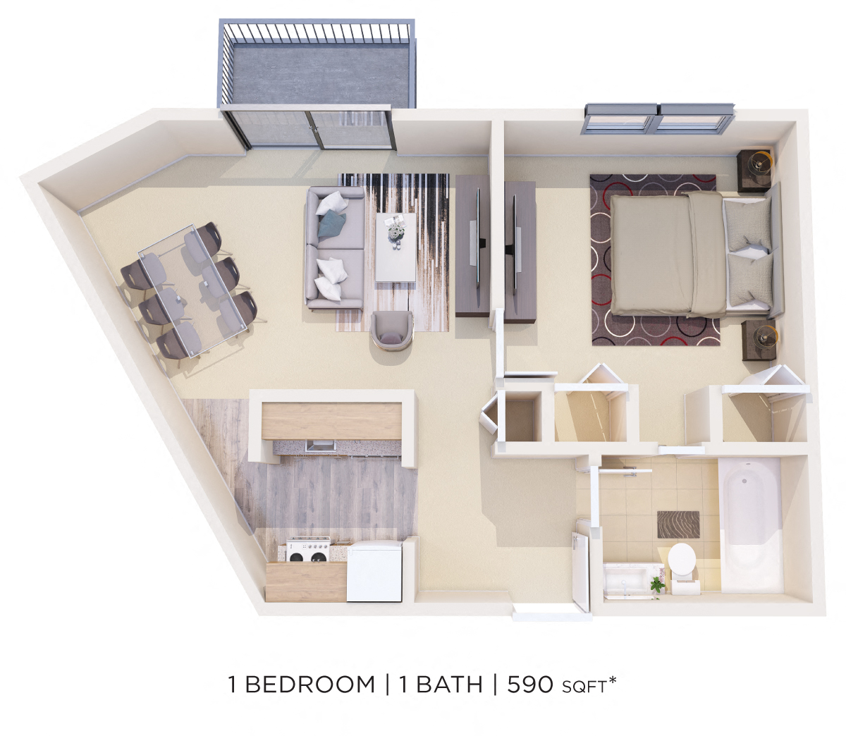 Floor plan for 1 bed, 1 bath, 590 sqft