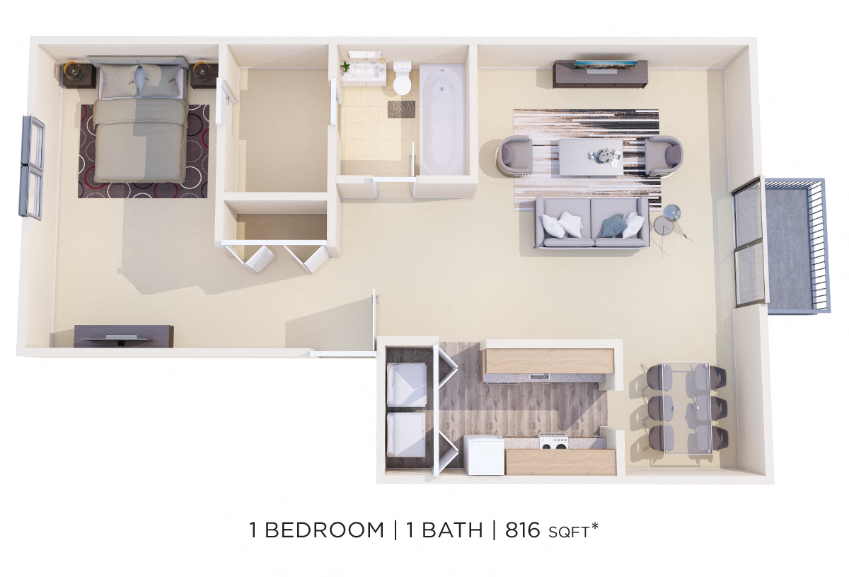 Floor plan for 1 bed, 1 bath, 816 sqft