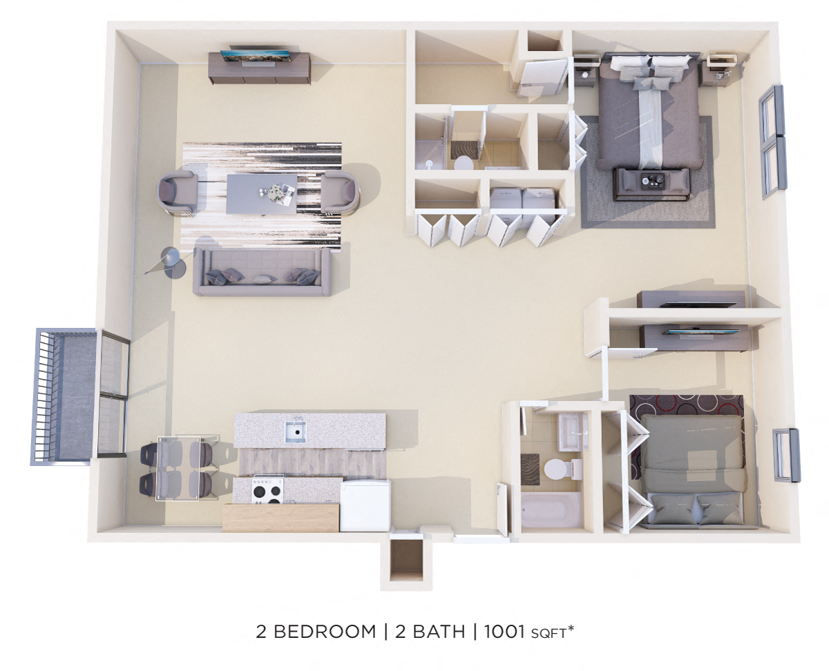 Floor plan for 2 beds, 2 baths, 1001 sqft