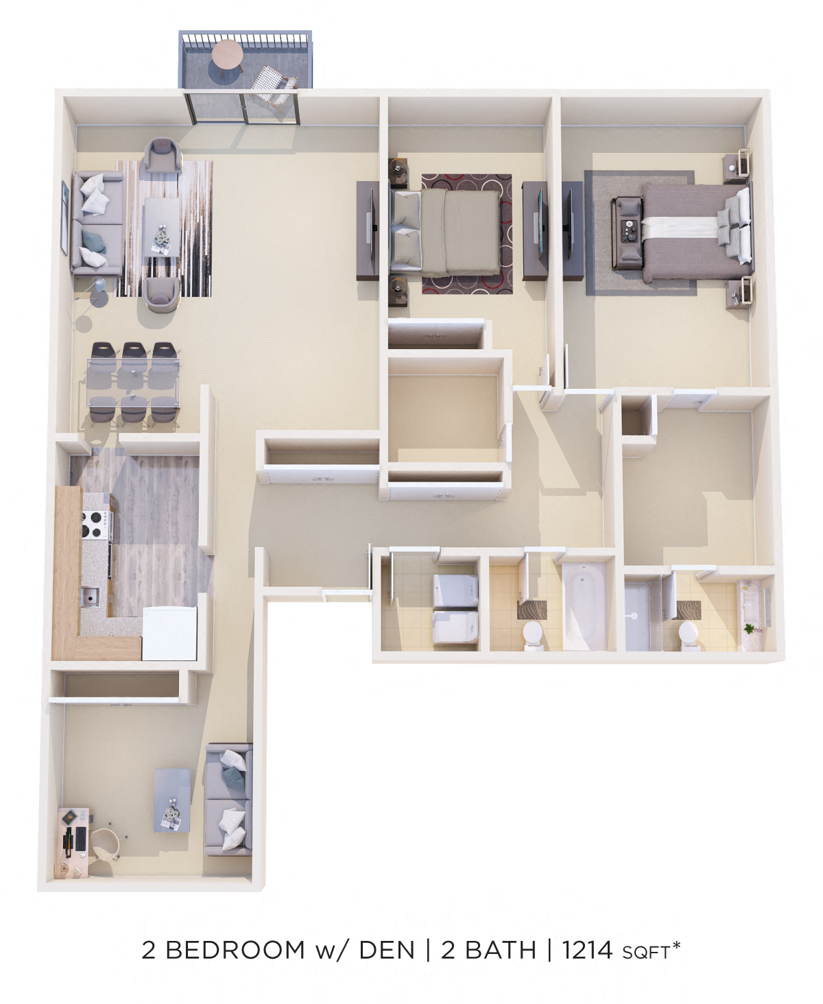 Floor plan for 2 beds, 2 baths, 1214 sqft