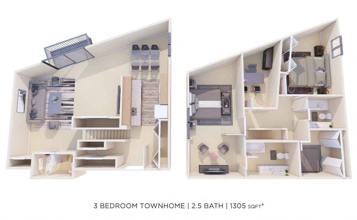Floor plan for 3 beds, 2.5 baths, 1305 sqft