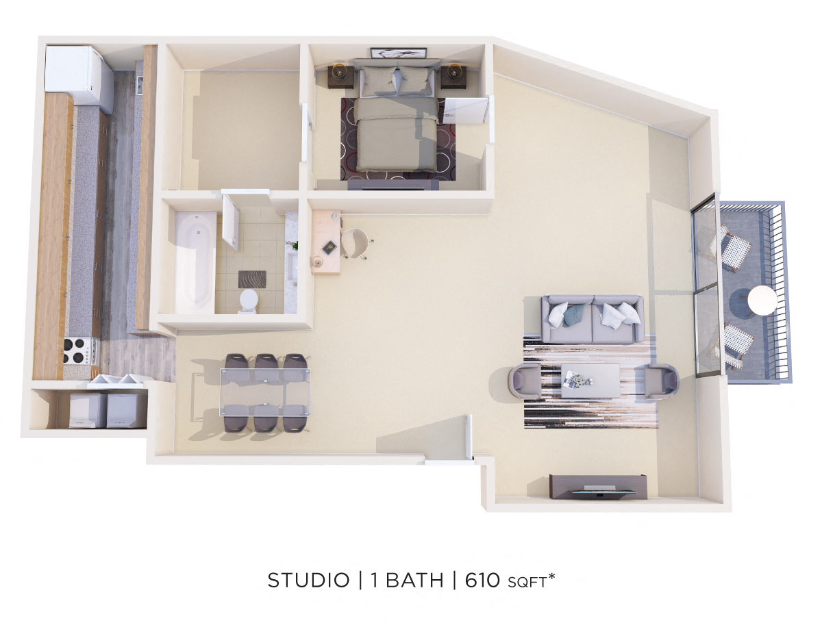 Floor plan for studio, 1 bath, 610 sqft