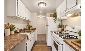 Philadelphia townhouse for rent - A kitchen with white cabinets and a brown countertop.
