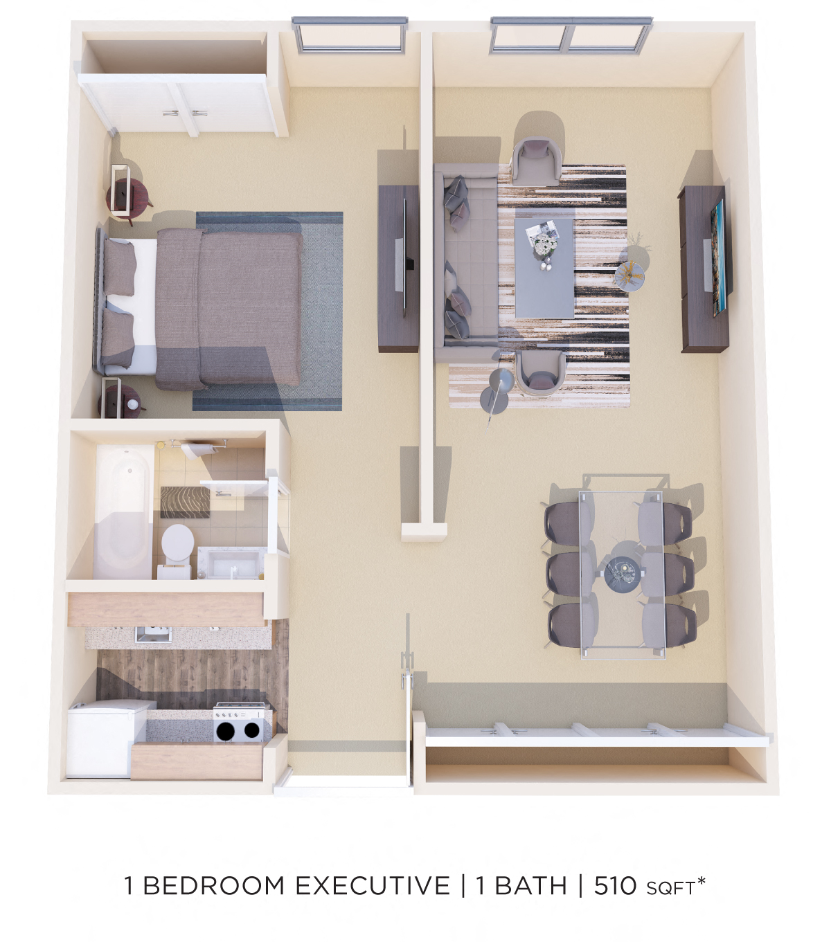 Floor plan for 1 bed, 1 bath, 510 sqft