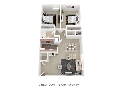 Floor plan for 2 beds, 1 bath, 960 sqft