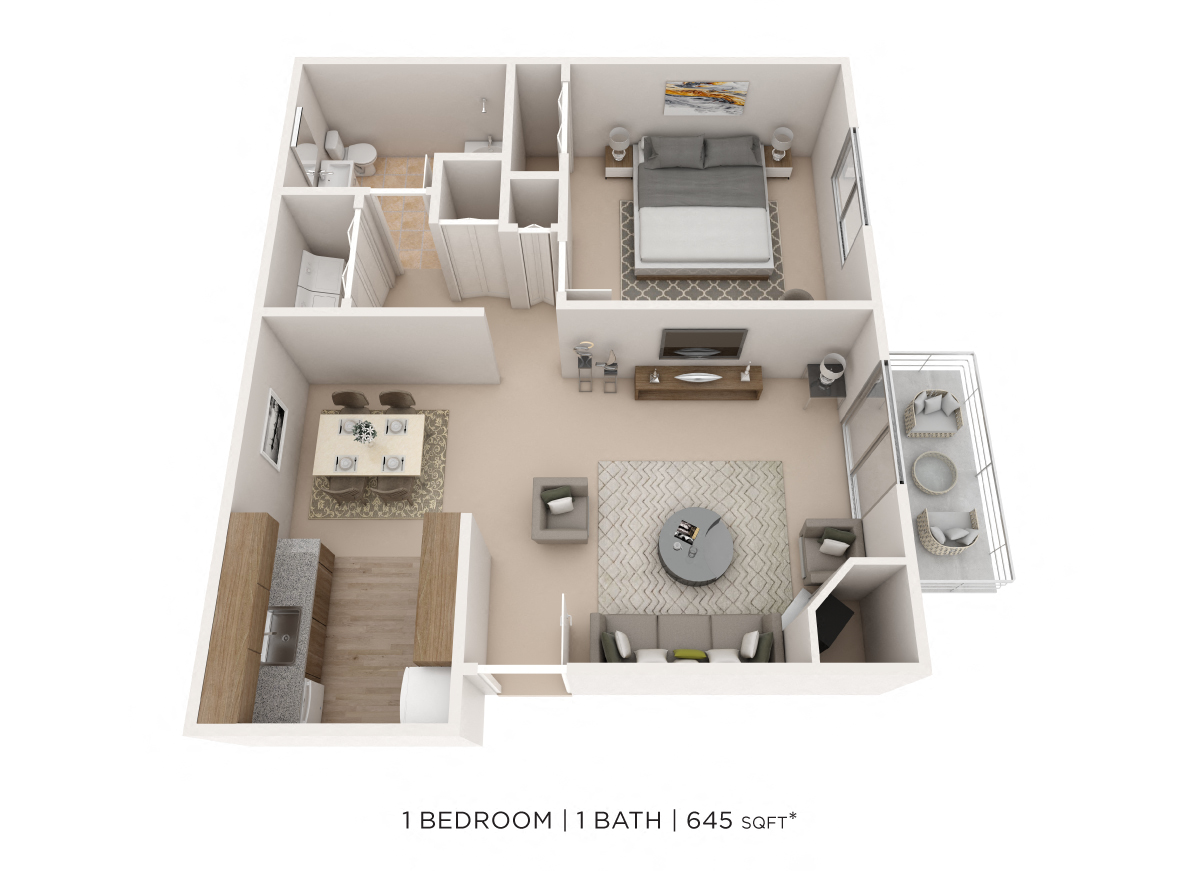 Floor plan for 1 bed, 1 bath, 744 sqft