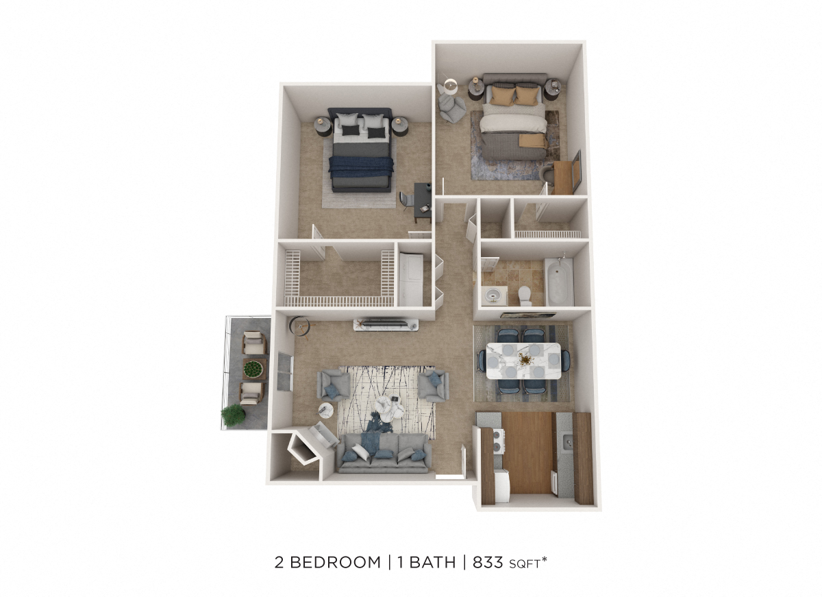 Floor plan for 2 beds, 1 bath, 833 sqft