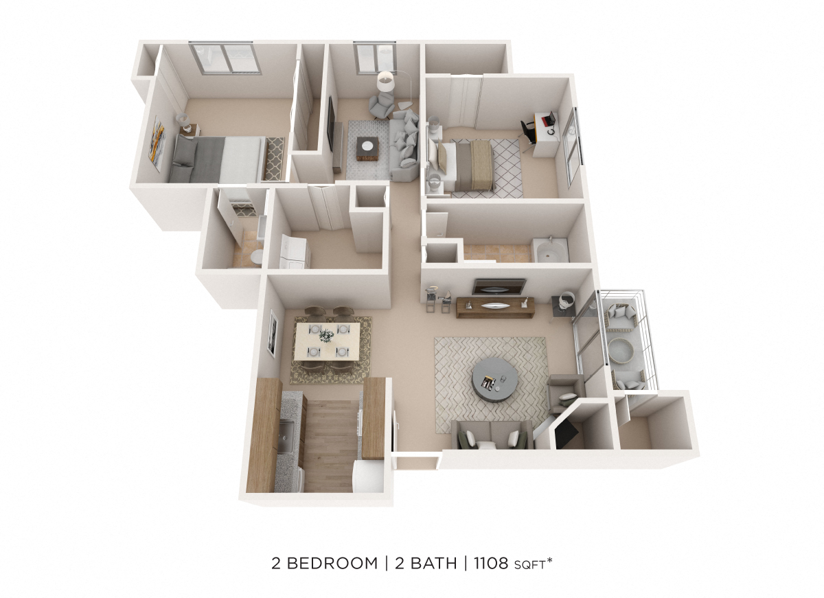 Floor plan for 2 beds, 2 baths, 1108 sqft