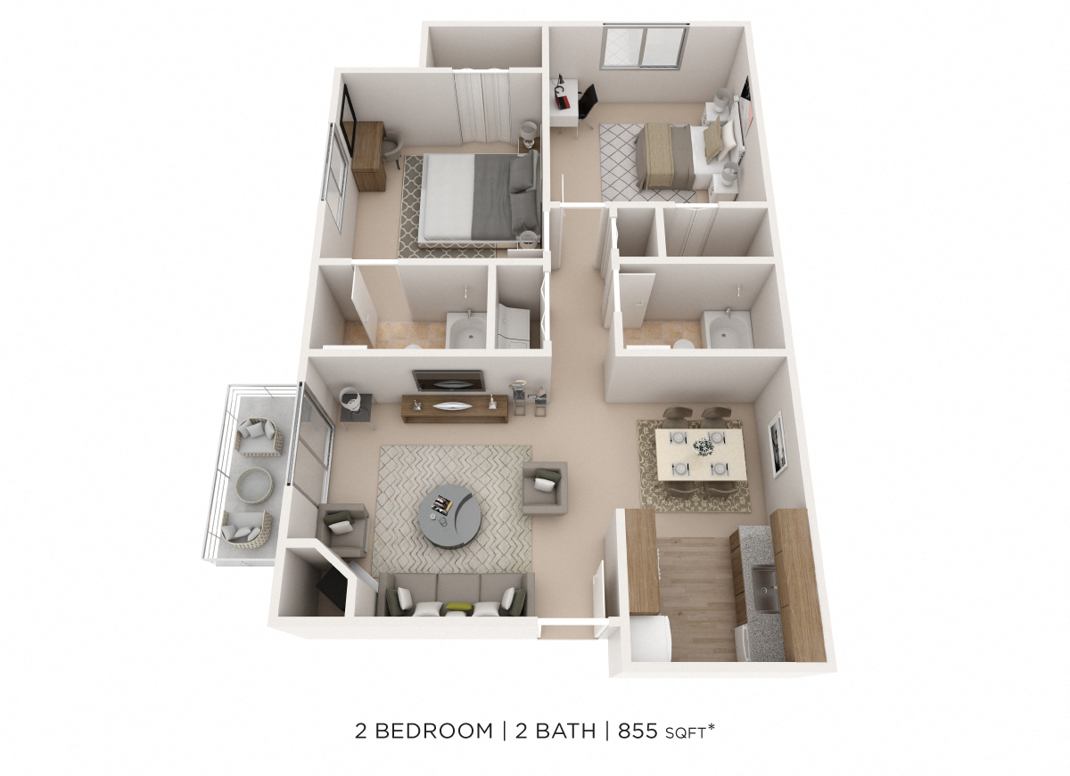 Floor plan for 2 beds, 2 baths, 851 sqft