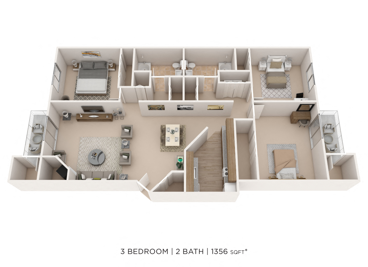 Floor plan for 3 beds, 2 baths, 1356 sqft