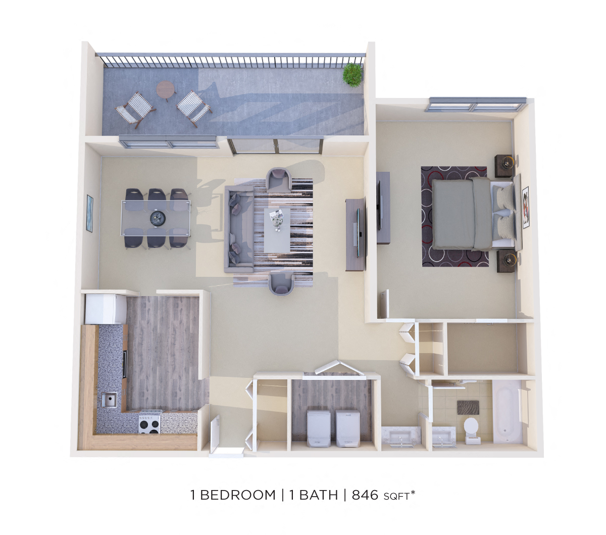 Floor plan for 1 bed, 1 bath, 846 sqft