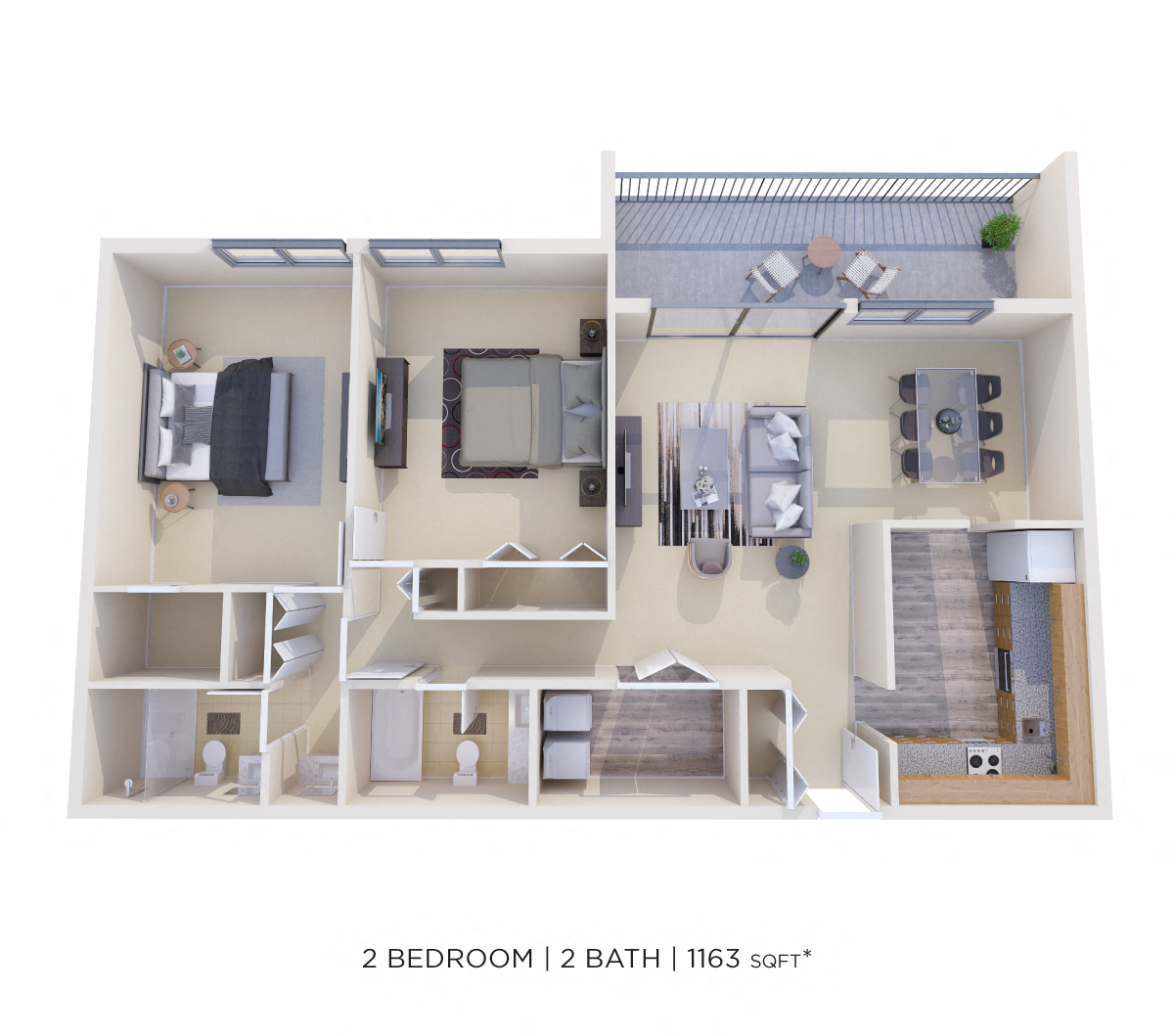 Floor plan for 2 beds, 2 baths, 1163 sqft