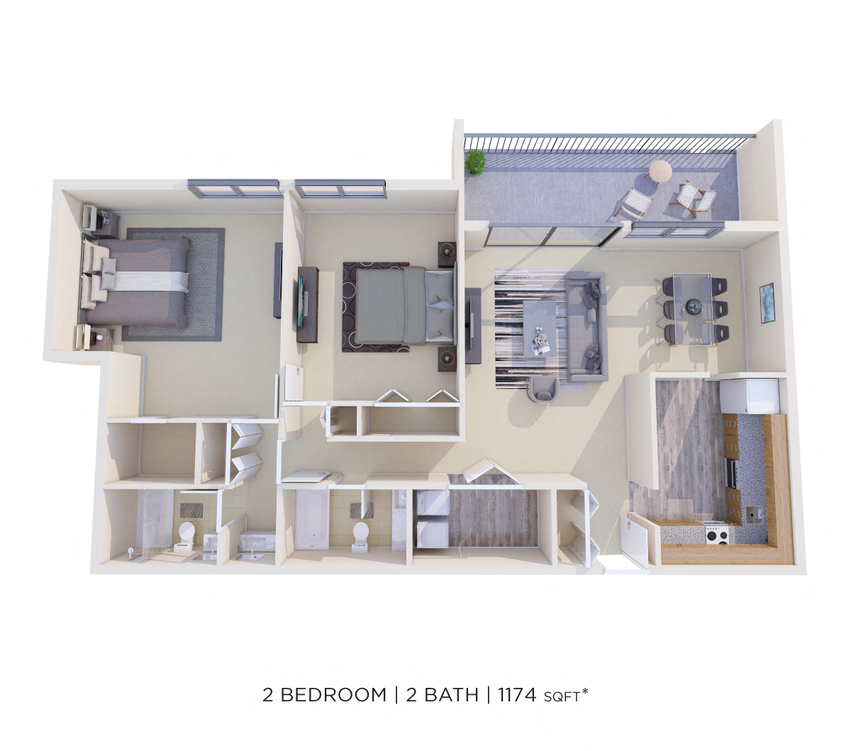 Floor plan for 2 beds, 2 baths, 1174 sqft