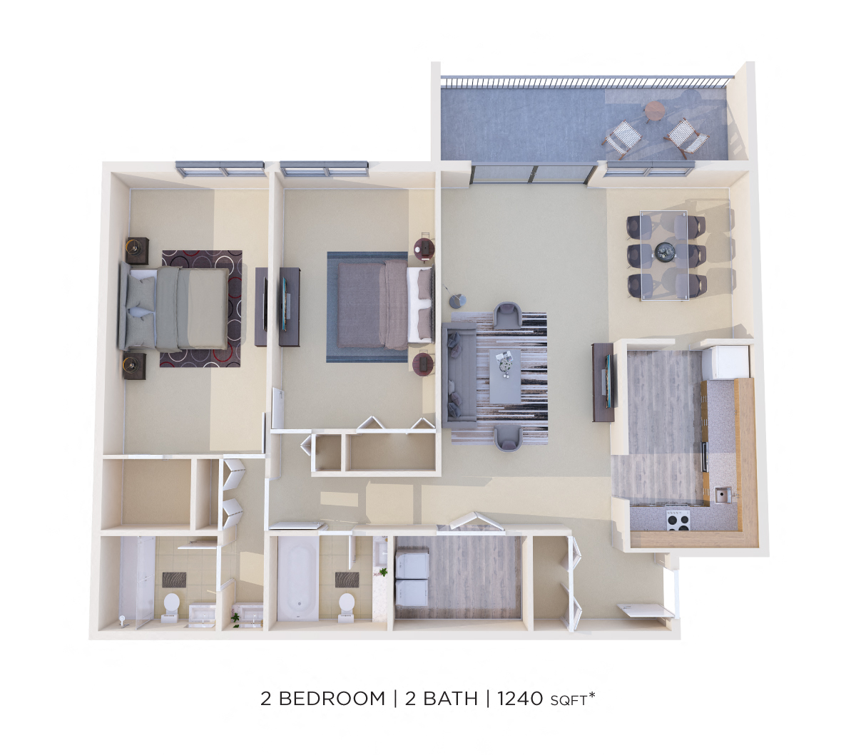 Floor plan for 2 beds, 2 baths, 1240 sqft