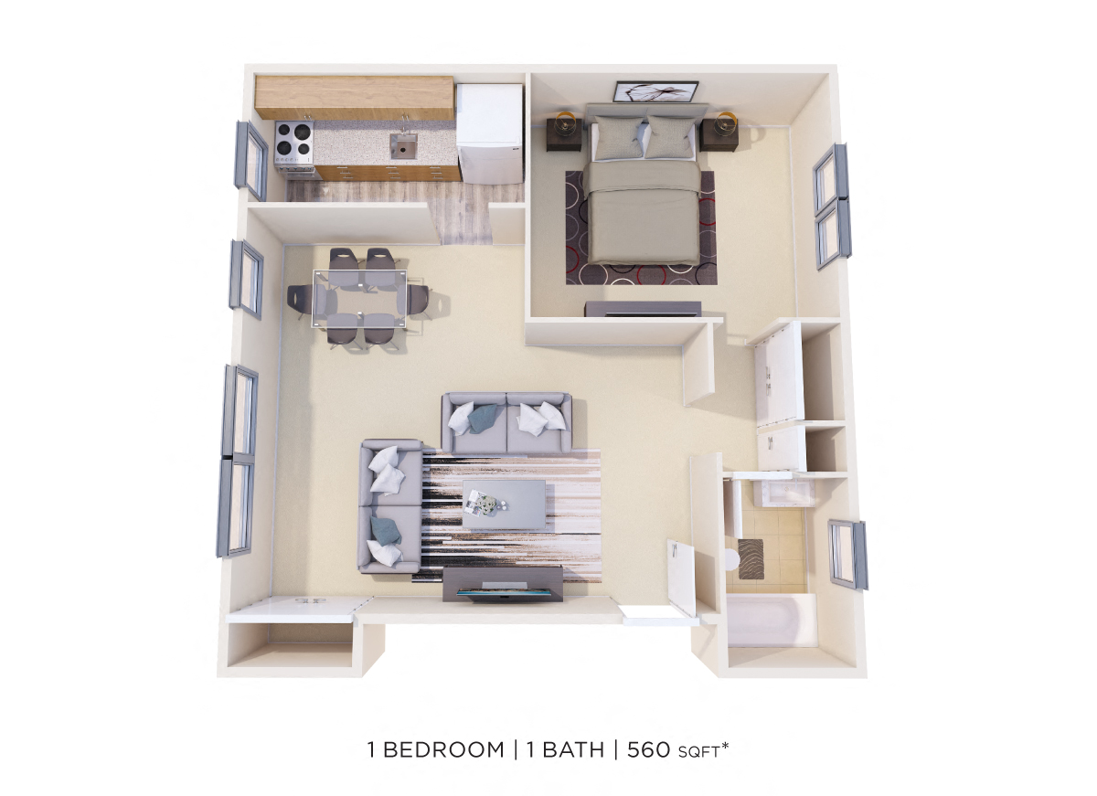 Floor plan for 1 bed, 1 bath, 560 sqft