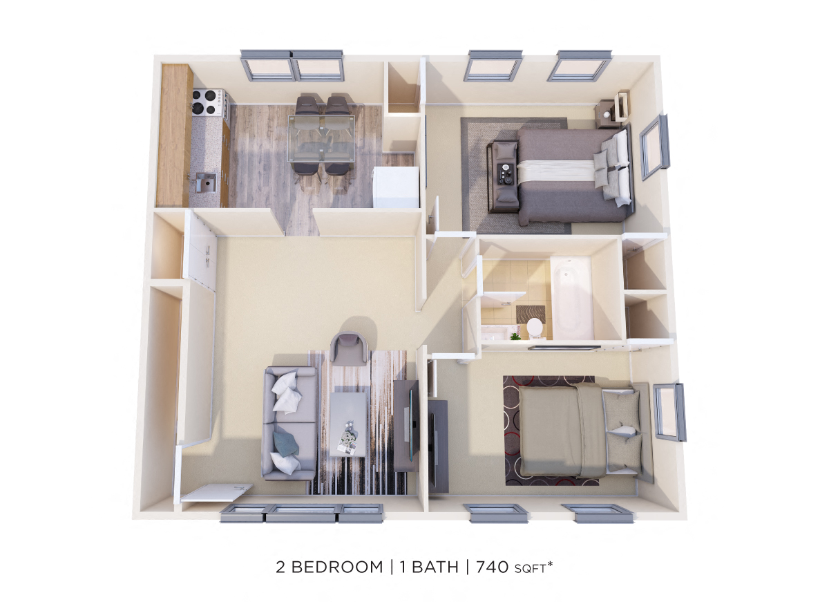 Floor plan for 2 beds, 1 bath, 740 sqft