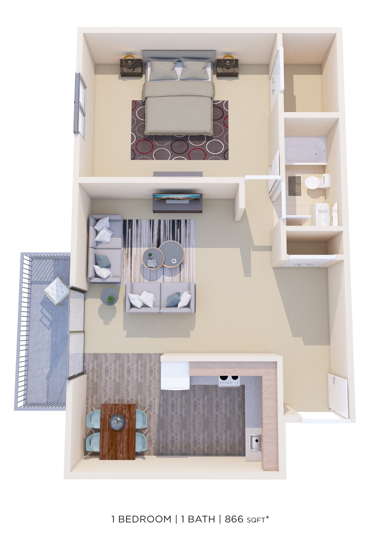 Floor plan for 1 bed, 1 bath, 866 sqft
