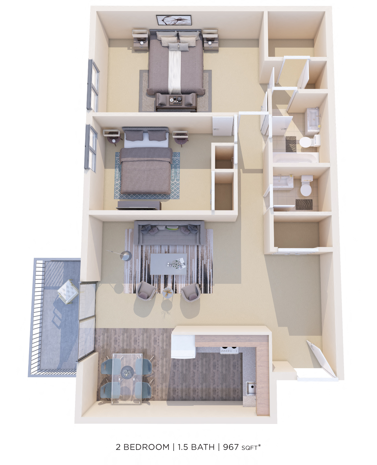 Floor plan for 2 beds, 1.5 baths, 967 sqft