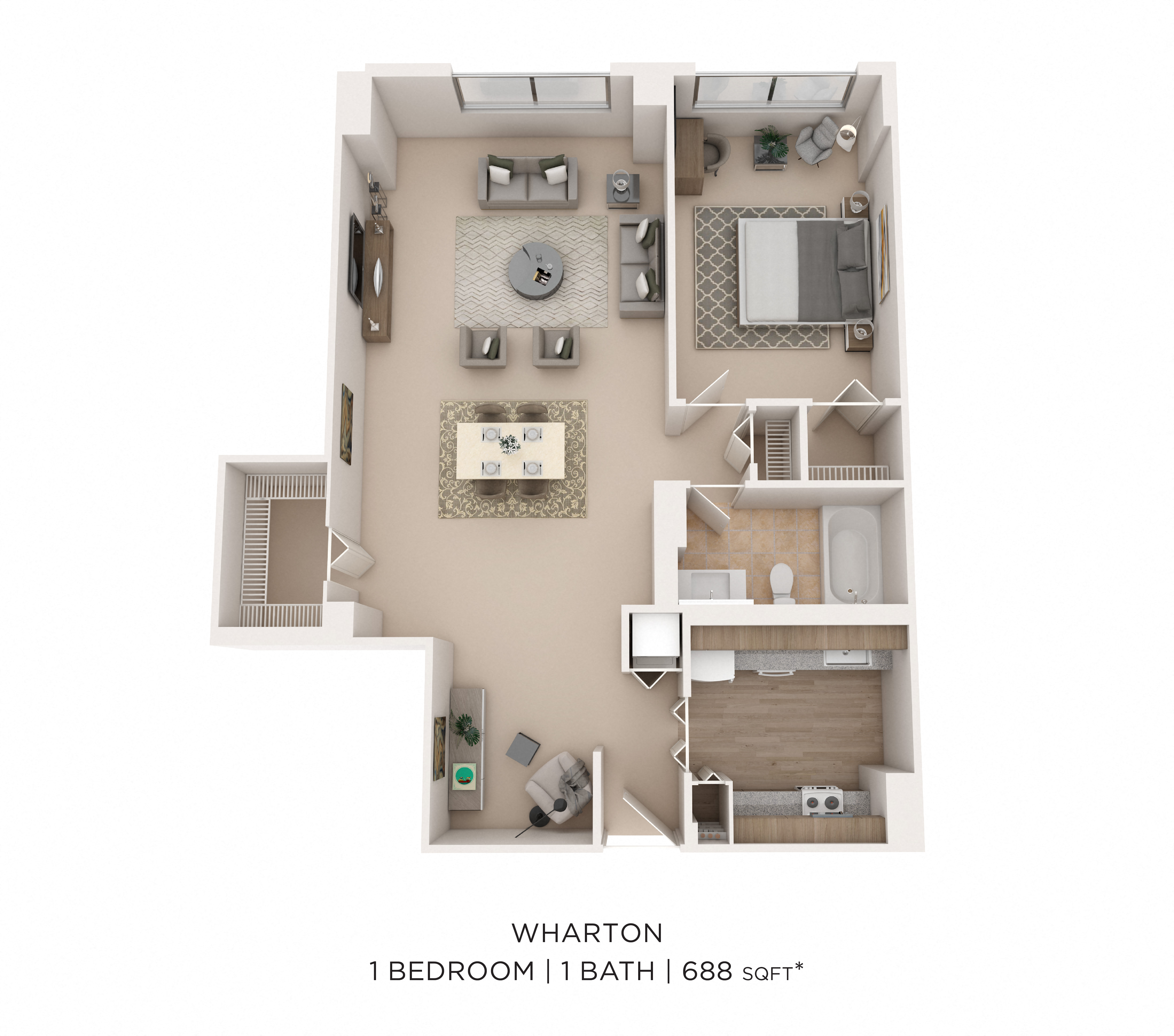 Floor plan for 1 bed, 1 bath, 688 sqft