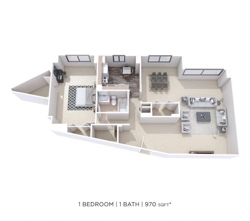 Floor plan for 1 bed, 1 bath, 970 sqft