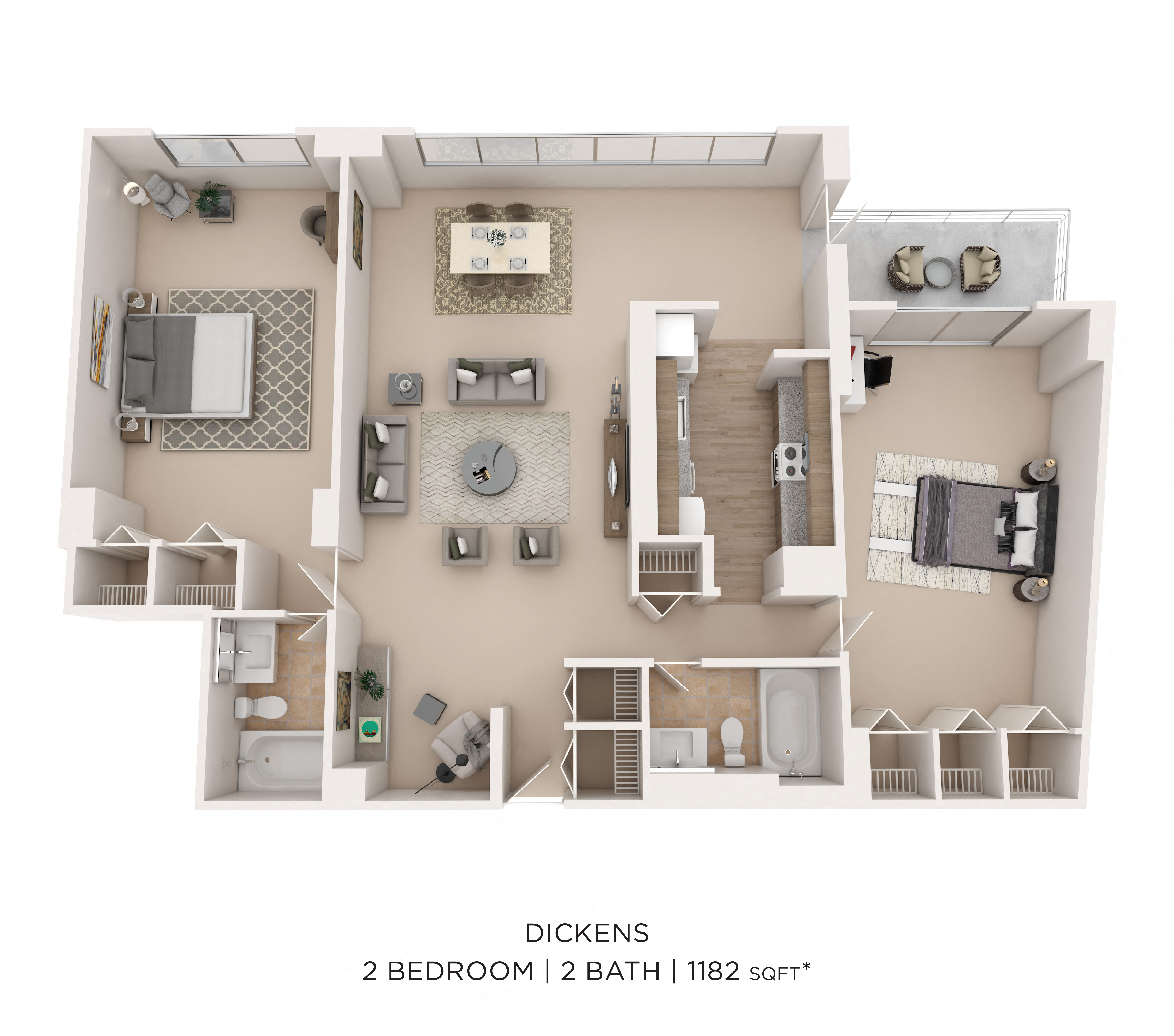 Floor plan for 2 beds, 2 baths, 1182 sqft
